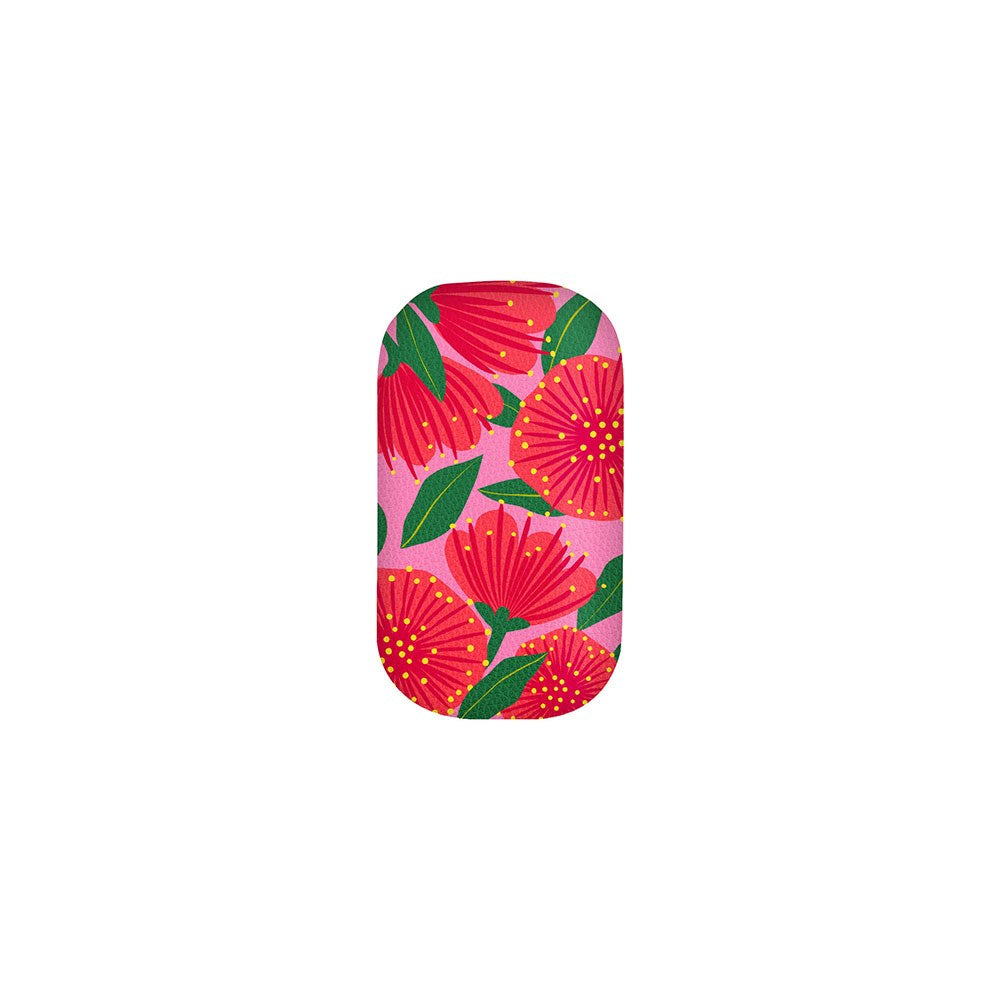 The Bright Botanical Pink Pohutukawa Trinket Box features a pink background, large red flowers, green leaves, yellow dots, and tiny jewelry-inspired accents.