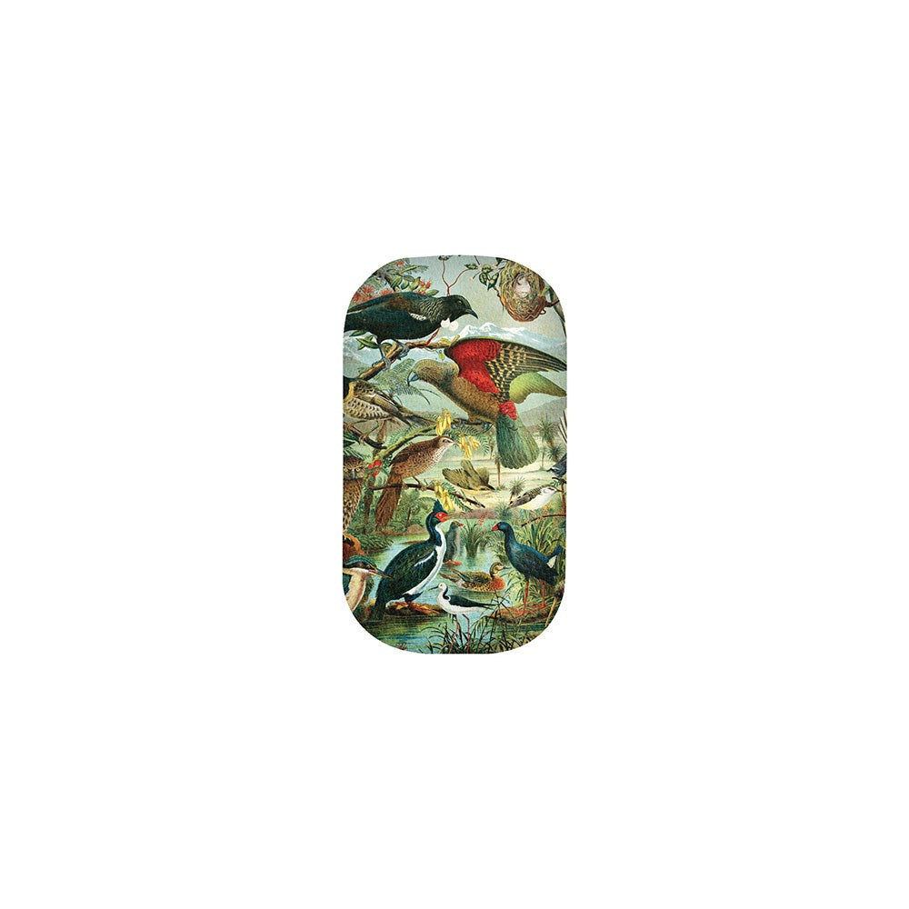 The NZ Native Birds Trinket Box is a rectangular case with rounded corners, featuring a detailed illustration of colorful birds among dense green foliage on a white background. A great gift for travel accessories lovers.