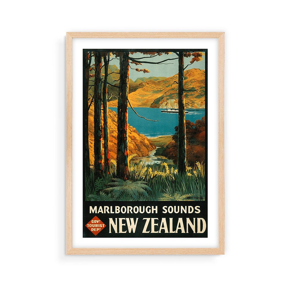 The Marlborough Sounds Tourist Print is a vintage-style travel poster with tall trees, blue water, and distant hills. It features “Marlborough Sounds New Zealand” and a “Govt Tourists Dept” logo—ideal for poster collectors.