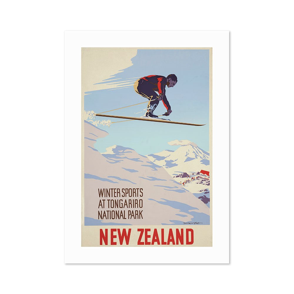 The Tongariro National Park Tourist Print is a vintage-style collectible poster featuring a skier soaring above snowy mountains, boldly promoting winter sports at New Zealand’s iconic national park. Perfect for winter sports enthusiasts and poster collectors.
