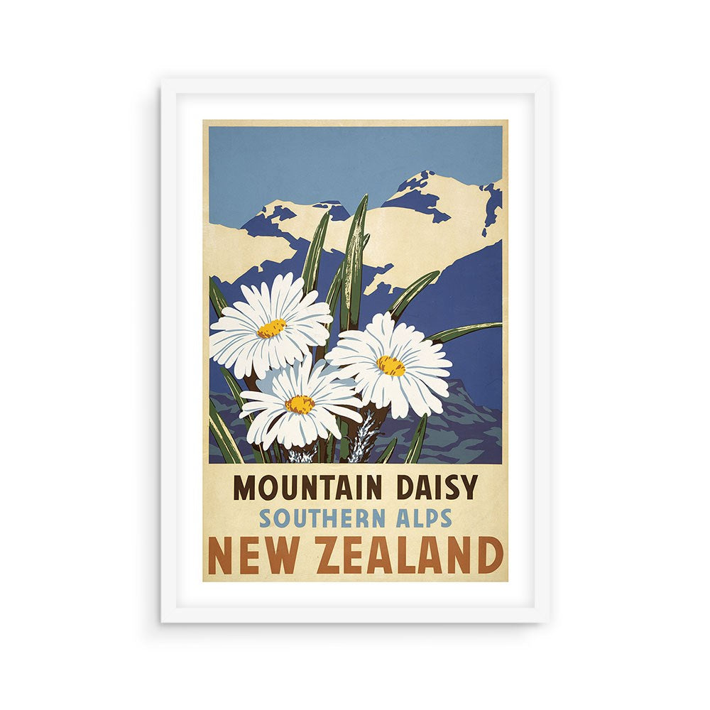 The Southern Alps Daisy Tourist Print showcases white mountain daisies in front of snow-capped peaks, with the text Mountain Daisy Southern Alps New Zealand at the bottom in vintage archival style.