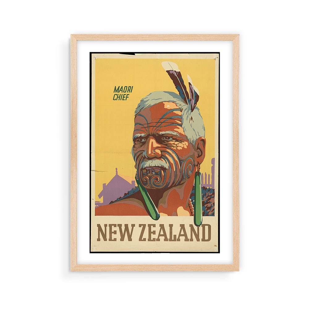 The Maori Chief Tourist Print is a framed collectible poster showcasing an illustrated Māori chief with traditional tattoos, feather adornments, and bold MAORI CHIEF and NEW ZEALAND text—a unique print for New Zealand art lovers.