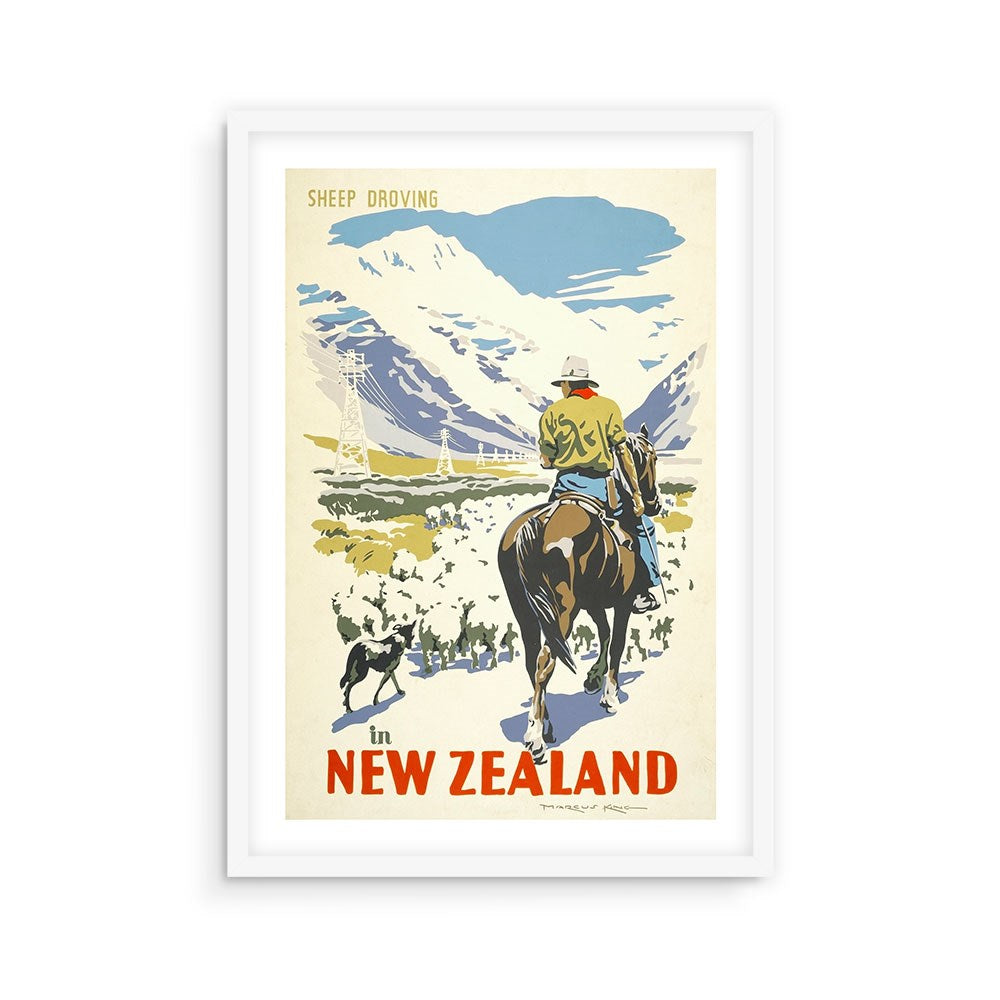 The Sheep Droving Tourist Print is an archival vintage poster featuring a person on horseback with a dog, heading toward snowy mountains. Elegantly framed in white.