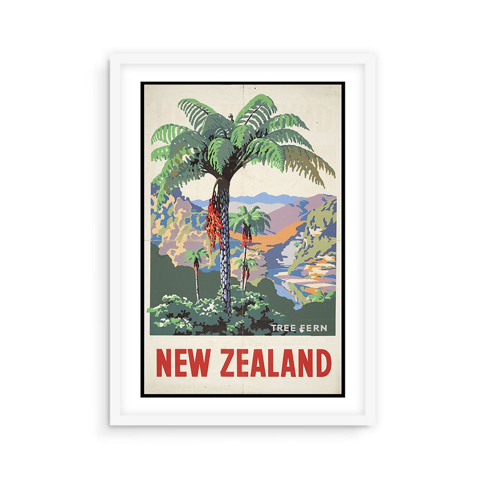 The Tree Fern Tourist Print is a framed vintage-style poster featuring a central tree fern with mountains and a river in the background. NEW ZEALAND is boldly printed in red at the bottom, making it a striking collectible display.