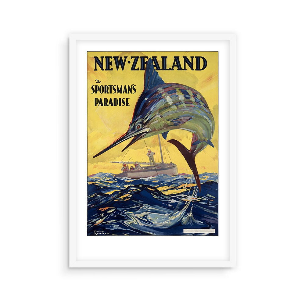 The Sportsman's Paradise Tourist Print features a marlin leaping from the ocean with a fishing boat behind, under "NEW ZEALAND: The Sportsman's Paradise." Ideal for collectors of New Zealand and vintage travel posters.
