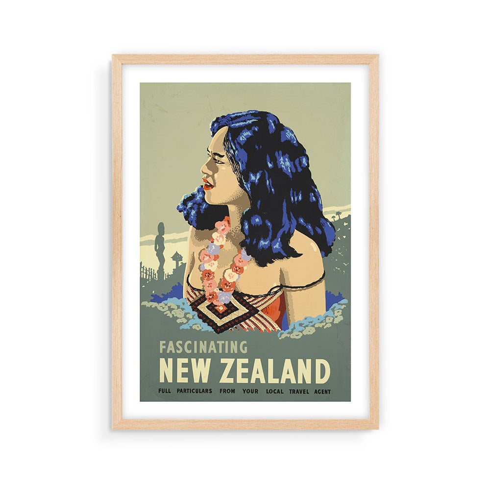 The Fascinating NZ Tourist Print is a framed vintage-style archival print showing a woman with blue hair in traditional dress and a flower lei, with "Fascinating New Zealand" text—perfect for collectors of New Zealand travel posters.