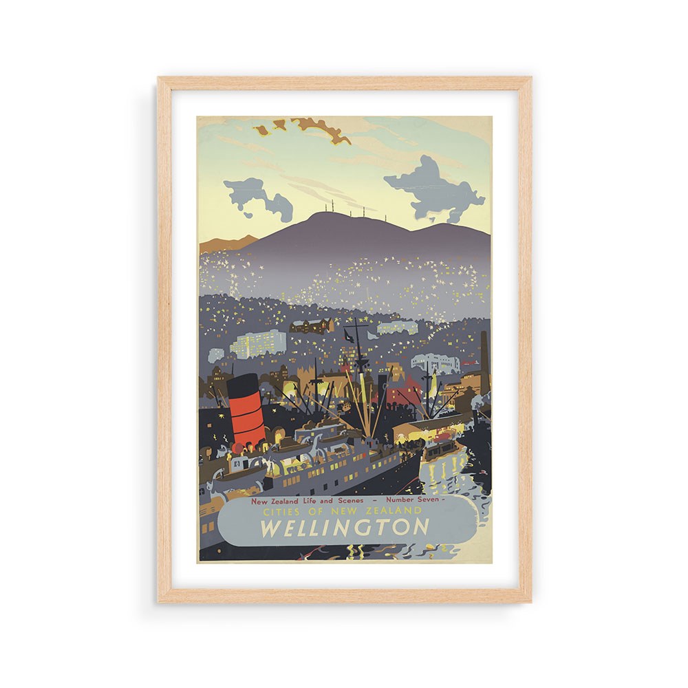 Wellington City Tourist Print: a framed illustrated poster inspired by vintage travel art, depicting a ship, city lights, hilly landscape, and birds at sunrise—ideal for collectors of New Zealand posters.