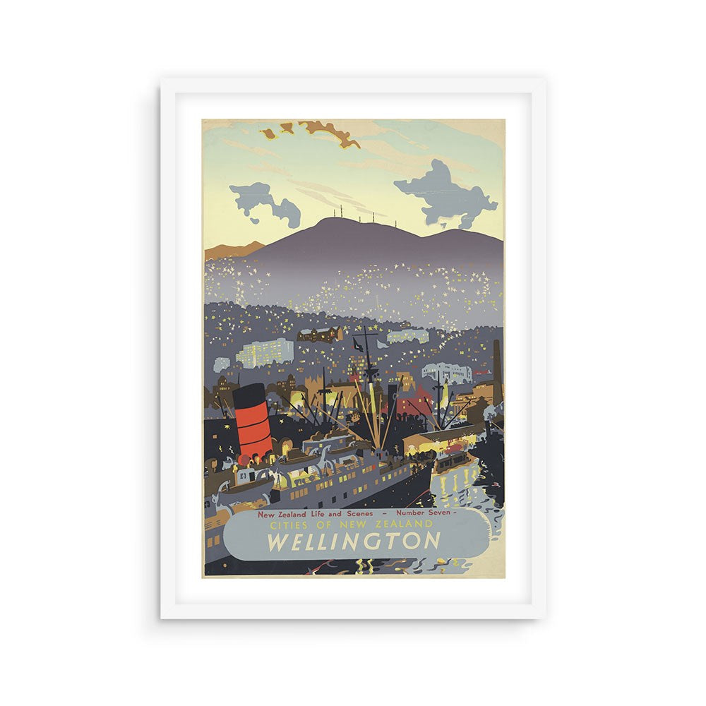 The Wellington City Tourist Print is a framed poster in vintage travel style, showing illustrated hills, water, city lights, a ship, and birds with "Wellington" at the bottom—a great addition to any New Zealand posters collection.