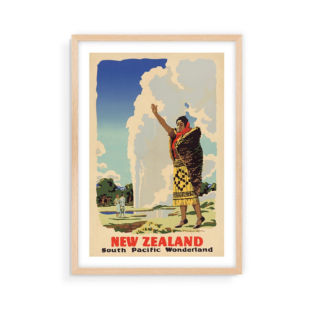 The South Pacific Wonderland Tourist Print is a vintage travel poster featuring a Māori woman in traditional dress waving by a geyser, with two people behind her. "NEW ZEALAND South Pacific Wonderland" appears at the bottom.