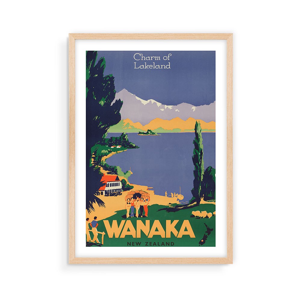 The Wanaka Tourist Print is a vintage-style New Zealand travel poster featuring “Charm of Lakeland” and “WANAKA NEW ZEALAND,” with bold colors, lakeside scenery, trees, mountains, a house, and people—a stunning collectible print.
