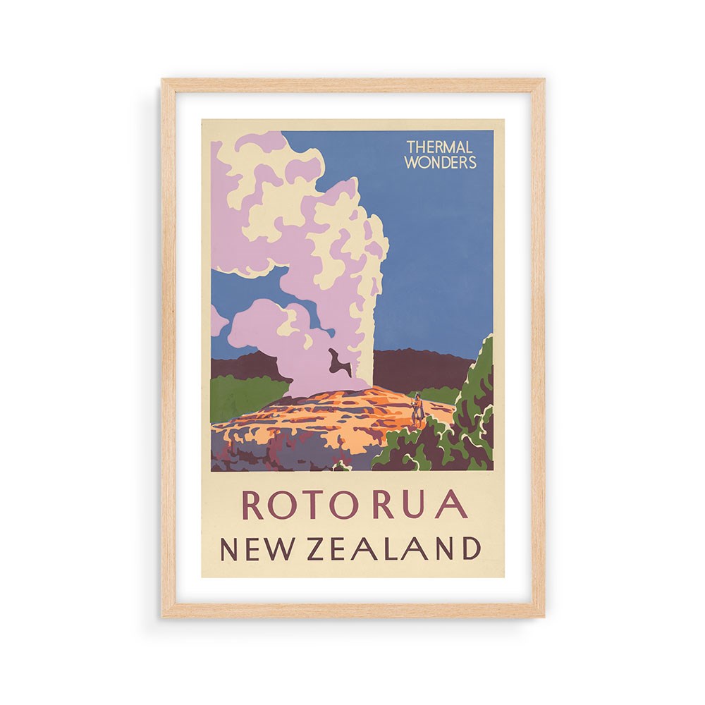 The Rotorua NZ Tourist Print is a framed archival print featuring an illustrated geyser, rising steam, trees in the foreground, and "Thermal Wonders, Rotorua, New Zealand" text—a standout for fans of New Zealand and collectible posters.