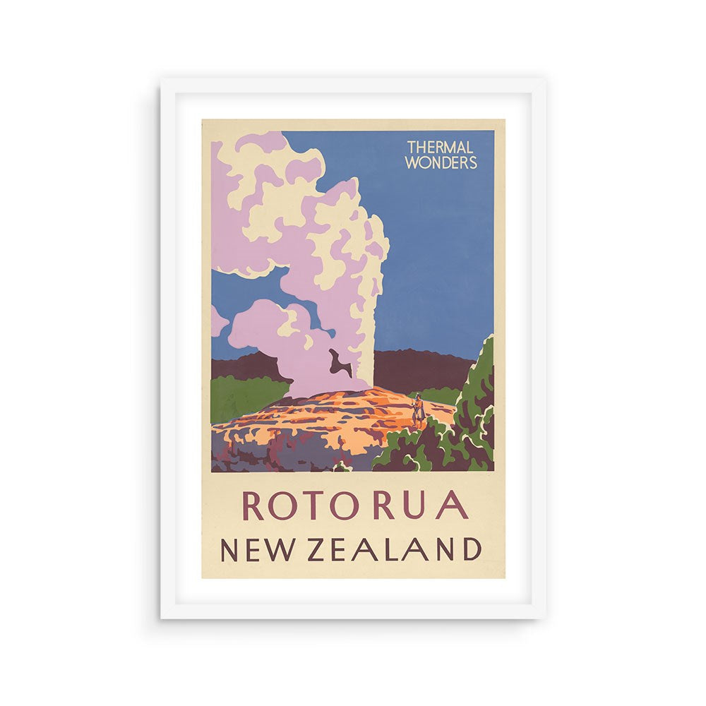 The Rotorua NZ Tourist Print is a framed poster featuring a stylized geyser eruption amid green hills. With "THERMAL WONDERS, ROTORUA, NEW ZEALAND" text, it's perfect for New Zealand poster fans and printed on archival paper.