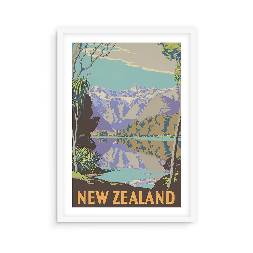 Framed collectable poster: Lake Matheson Tourist Print features a stylized mountains, trees, and lake scene beneath a blue sky with NEW ZEALAND in bold. High-quality archival print, perfect for travel art lovers.