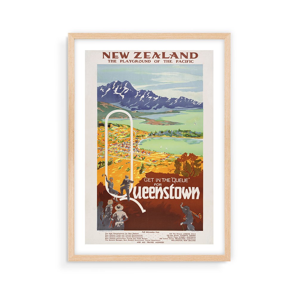 Framed "Get in the Queue for Queenstown Tourist Print"—a vintage New Zealand travel poster with mountains, lake, skiing, and “New Zealand: The Playground of the Pacific.” Archival collectible for any travel enthusiast.