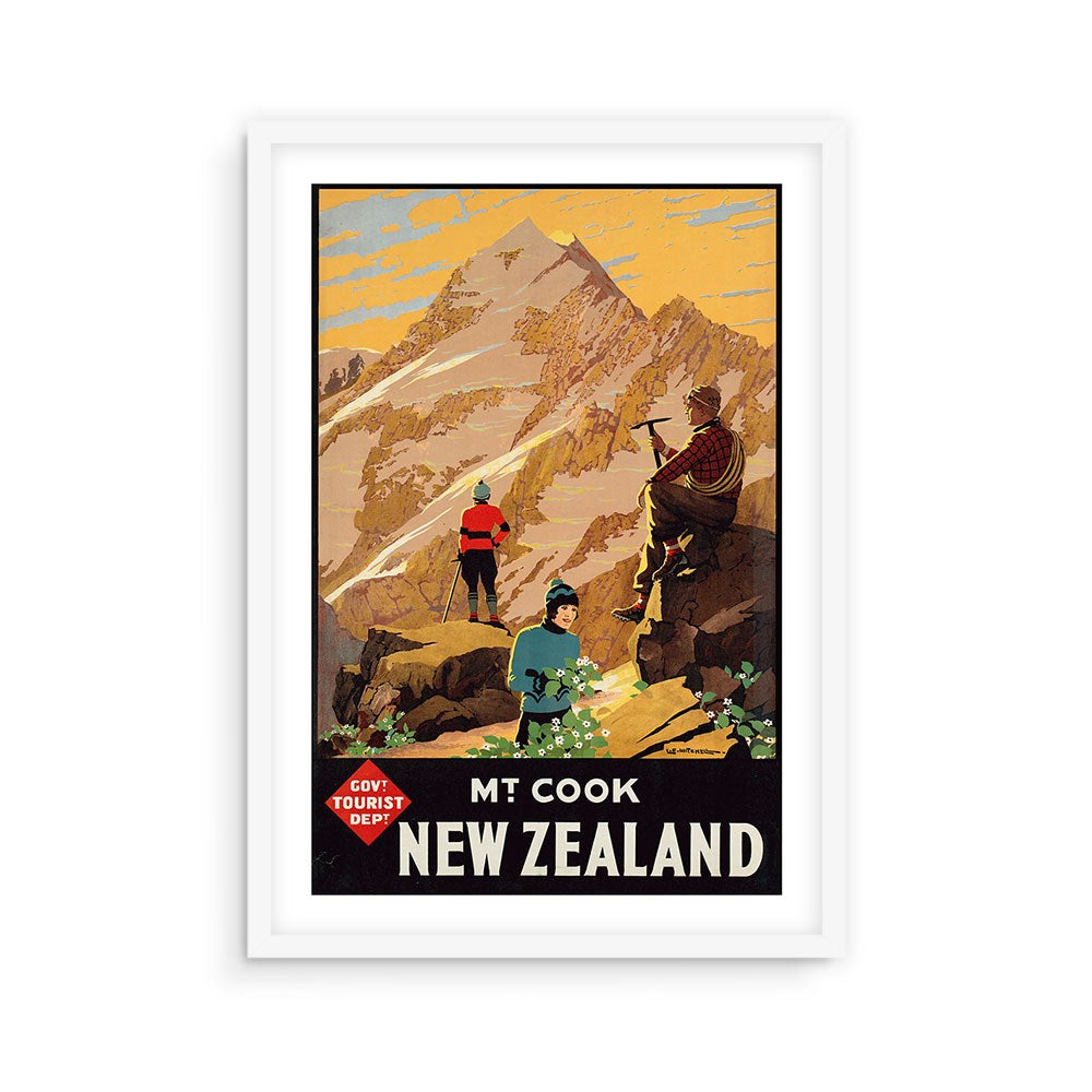 The Mt Cook Tourist Print is a vintage collectible poster showing three people on rocky ground with Mt Cook behind them. It reads Mt Cook New Zealand Govt Tourist Dept in bold, framed in white—an ideal archival print.