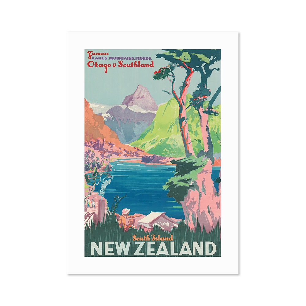 The South Island NZ Tourist Print is a vintage-style poster showcasing colorful landscapes of mountains, trees, and lakes in Otago and Southland. This collectible highlights famous lakes, mountains, and fiords in archival print quality.