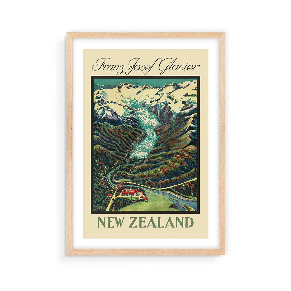 Franz Josef Glacier Tourist Print: a framed vintage-style poster of New Zealand’s Franz Josef Glacier, with a stylized glacier, mountains, forest, and a building—an ideal archival print for collectors.