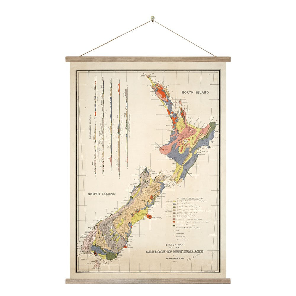 The Geology of New Zealand Wall Chart, made in New Zealand, features a vintage geological map of the North and South Islands with color-coded regions, elegantly displayed between wooden battens.