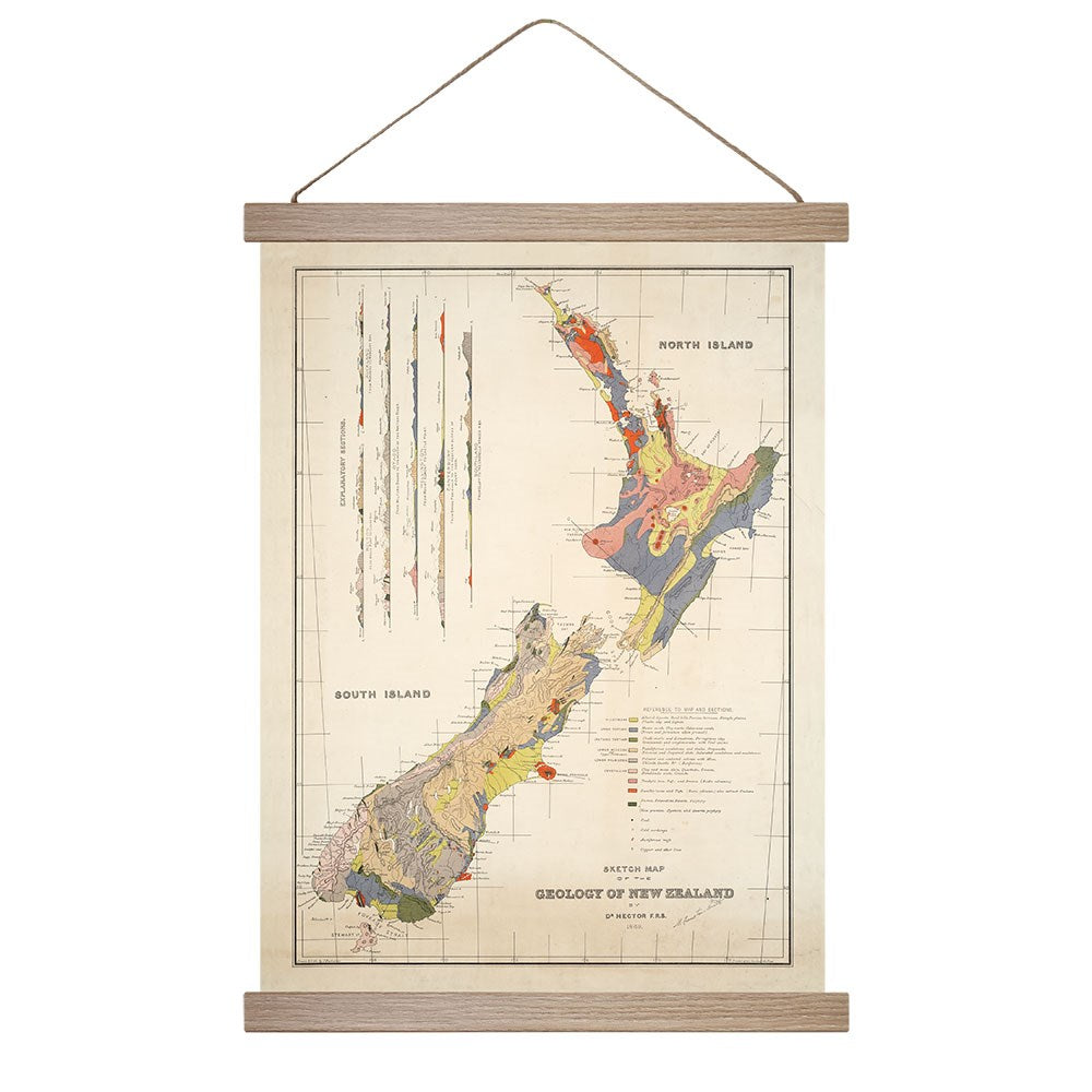 The Geology of New Zealand Wall Chart displays colorful geological regions, labeled with a key and cross-sections. Mounted on wooden battens with a hanging string, it’s ideal for bringing classic charm to any room.