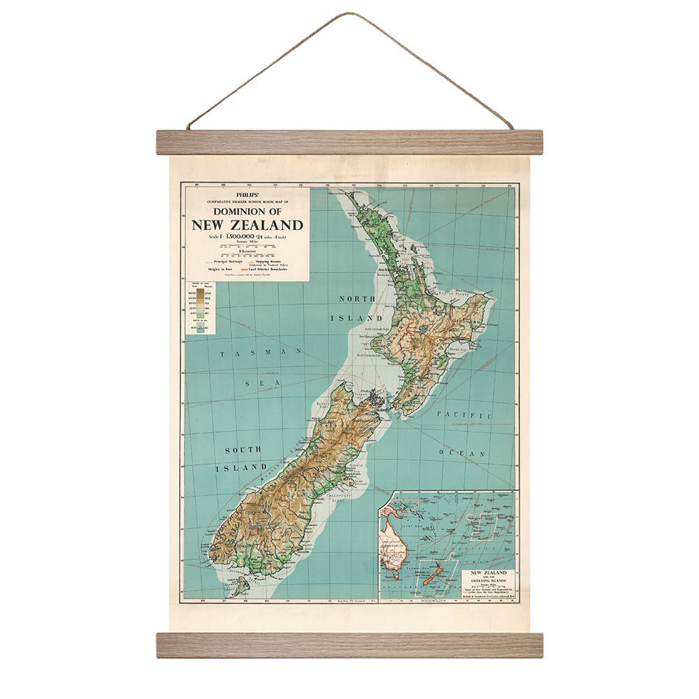 The NZ Dominion Map Wall Chart is a vintage-style map of New Zealand showing topography, major cities, and surrounding waters. It comes in a wooden frame with string, ready to hang.
