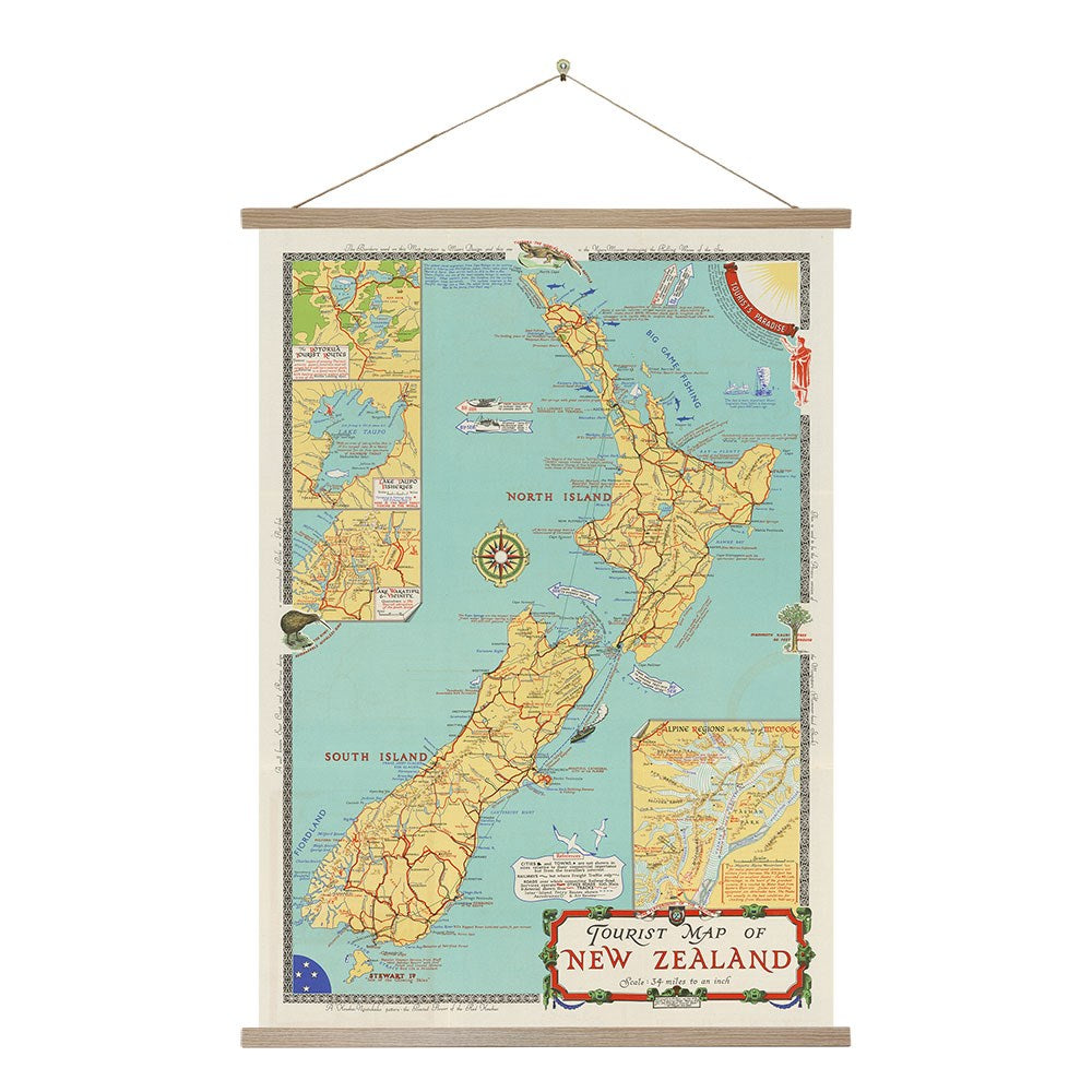 The New Zealand Tourist Map Wall Chart displays the North and South Islands with illustrated details, inset maps, and labeled towns—ideal as instant decorative art for any space.