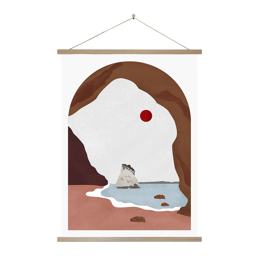 Cathedral Cove Landmark Wall Chart: A minimalist illustration of New Zealand’s Cathedral Cove, featuring a red sun, blue water, pink sand, and a rock formation viewed through an archway—rendered in muted earth tones for stylish wall art.