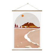 The Mt Maunganui Landmark Wall Chart showcases a minimalist New Zealand landscape with a mountain, trees, buildings beneath an orange sun, and a light path on brown terrain—all set in an arched frame. Ideal for instant art lovers.