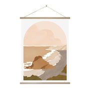 The Piha Landmark Wall Chart is a minimalist art print showing a New Zealand coastal landscape—cliffs, waves, and sandy beach in soft brown and beige tones. It comes framed with wooden bars and strung for instant display.