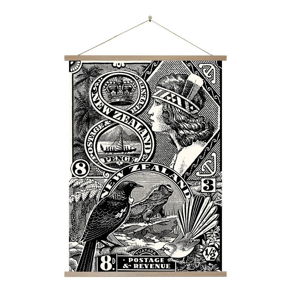 NZ Stamp Wall Chart: A black and white wall poster featuring vintage NZ stamp art—crowned woman’s profile, native birds, landscapes in various denominations—framed with wooden batons. Made in New Zealand.