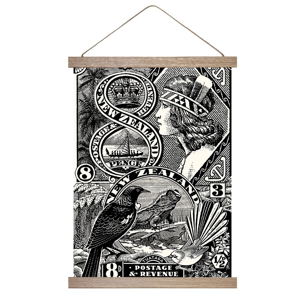 The NZ Stamp Wall Chart is a black and white illustration featuring stamp art with a woman in a headdress, native birds, landscape scenes, and text like New Zealand, Postage & Revenue, plus various denominations.