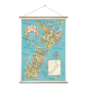1950s Fun Map Map Wall Chart of New Zealand featuring cartoon landmarks, activities, and animals. Made in New Zealand with a wooden hanging frame and small inset map—ready-to-hang art to add charm to any space.