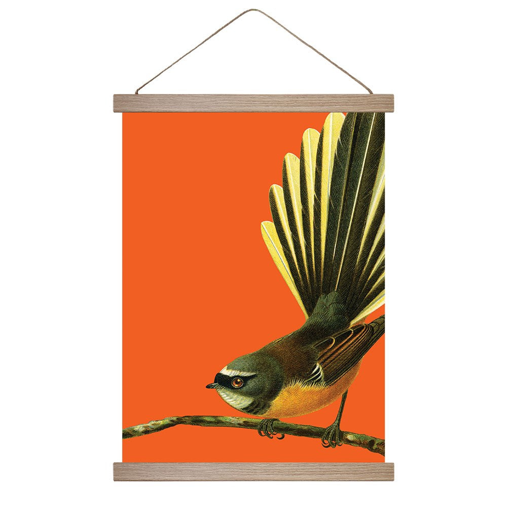Bright Fantail Wall Chart: Features a small bird with a fanned tail on a branch against an orange background, framed with wooden bars and hanging string—perfect instant art inspired by vintage bird illustrations.