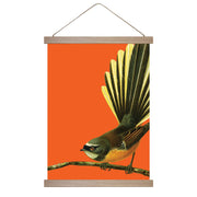 Bright Fantail Wall Chart: Features a small bird with a fanned tail on a branch against an orange background, framed with wooden bars and hanging string—perfect instant art inspired by vintage bird illustrations.
