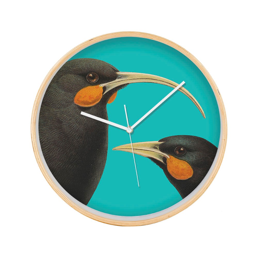 The Bright Huia Wooden Frame Clock features silent movement and a vibrant design of two black huia birds with orange facial patches and long beaks on a turquoise background.