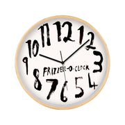 The Dick Frizzell - OClock White Face Wooden Framed Clock features a light wood finish, irregularly painted and spaced numbers, and FRIZZELL-O-CLOCK in black across the center as a nod to Dick Frizzell.