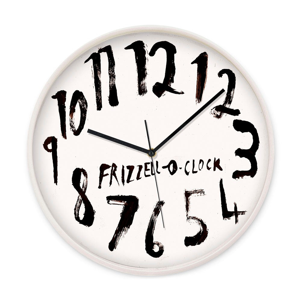 The Dick Frizzell - OClock White Face Wooden Framed Clock features irregular hand-painted black numbers, Frizzell-O-Clock at the center, and silent movement for smooth black hands on a white background.