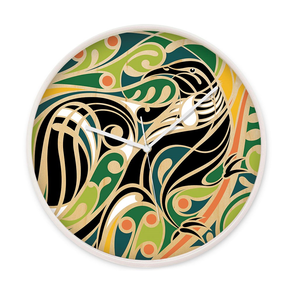 The Shane Hansen - Tui Wooden Frame Clock features white hands and a stylized bird design with swirling black, green, gold, and orange leaf patterns inspired by New Zealand.