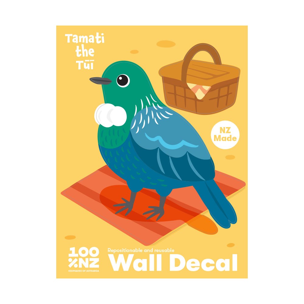 The Tui Wall Decal is a NZ-made, peel-and-stick wall art featuring Tamati the tui bird on an orange mat with a woven basket in the background. Made from 100% NZ repositionable matte fabric.