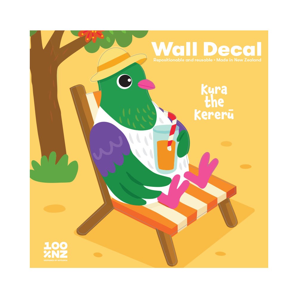 The Kereru Wall Decal features Kura the Kererū in a sunhat and vest on a deck chair, sipping a drink. This peel-and-stick matte fabric decal includes plant accents and text for a charming illustrated look.