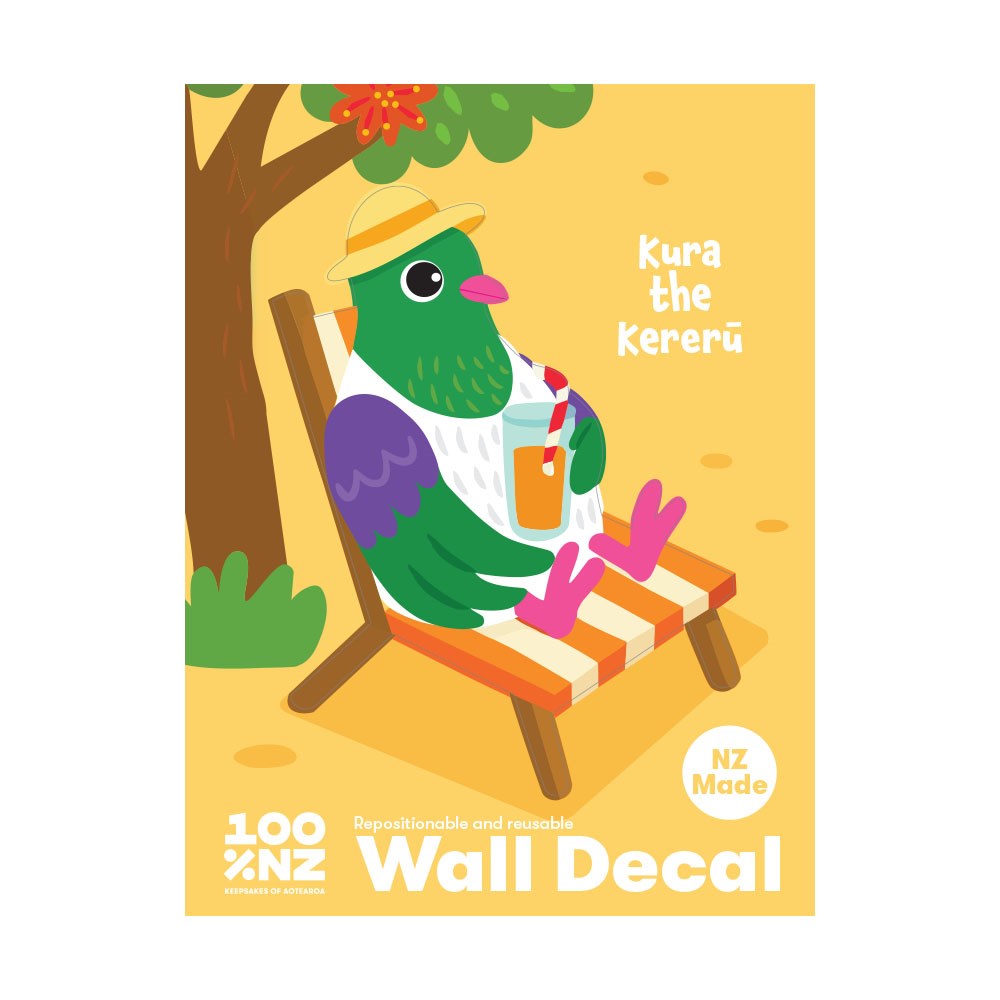An illustrated green bird with a hat and sunglasses relaxes on a striped deck chair under a tree, holding a drink. Text: “Kereru Wall Decal,” “NZ Made,” “Wall Decal.” Peel & stick, matte fabric finish. Yellow background.