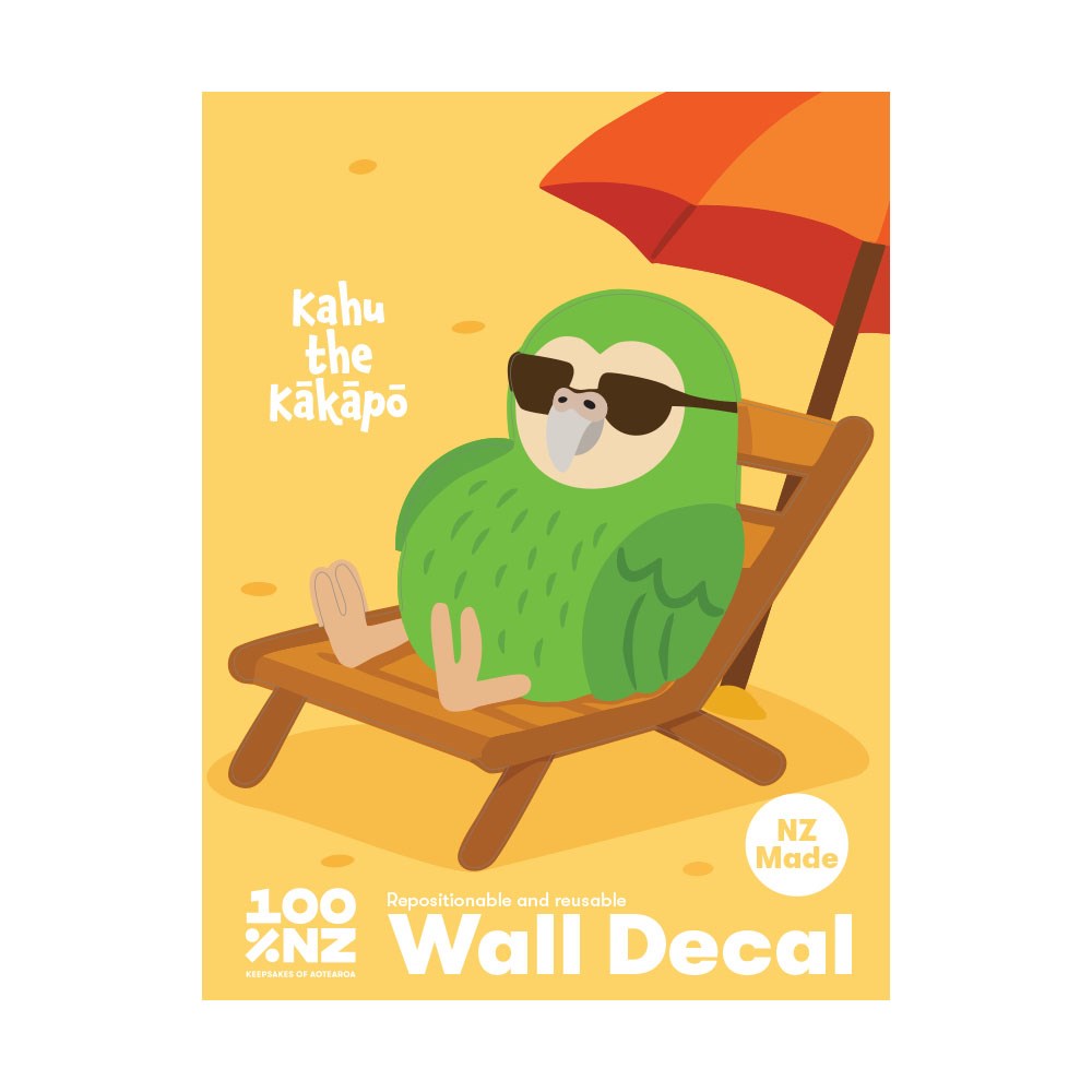 The Kakapo Wall Decal shows a green kakapo wearing sunglasses on a lounge chair under an orange umbrella. Text includes "Kahu the Kākāpō", "100% NZ", "NZ Made". This peel and stick, repositionable wall art is easy to apply.
