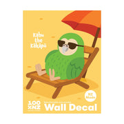The Kakapo Wall Decal shows a green kakapo wearing sunglasses on a lounge chair under an orange umbrella. Text includes "Kahu the Kākāpō", "100% NZ", "NZ Made". This peel and stick, repositionable wall art is easy to apply.