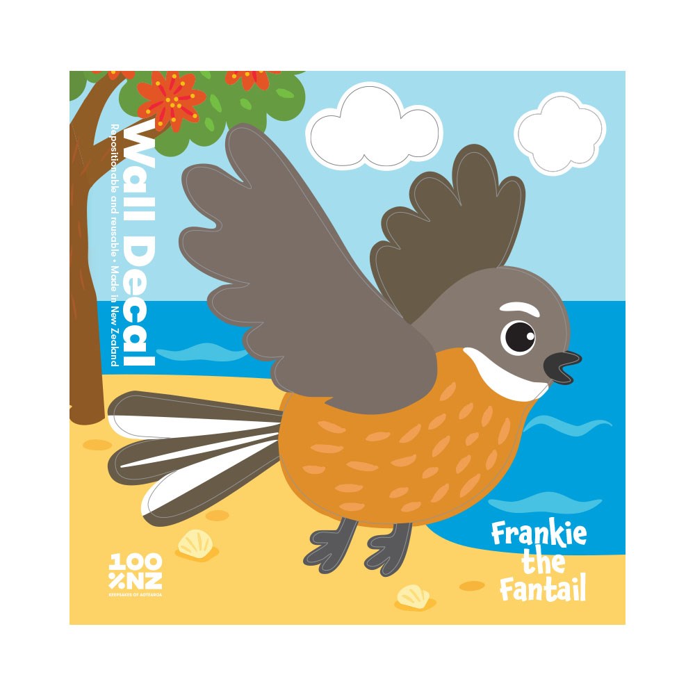 The Fantail Wall Decal features a cartoon fantail bird with brown and orange feathers standing on sand near blue water, clouds, a tree, and the text "Frankie the Fantail." Peel and stick matte fabric wall art; easy to reposition.