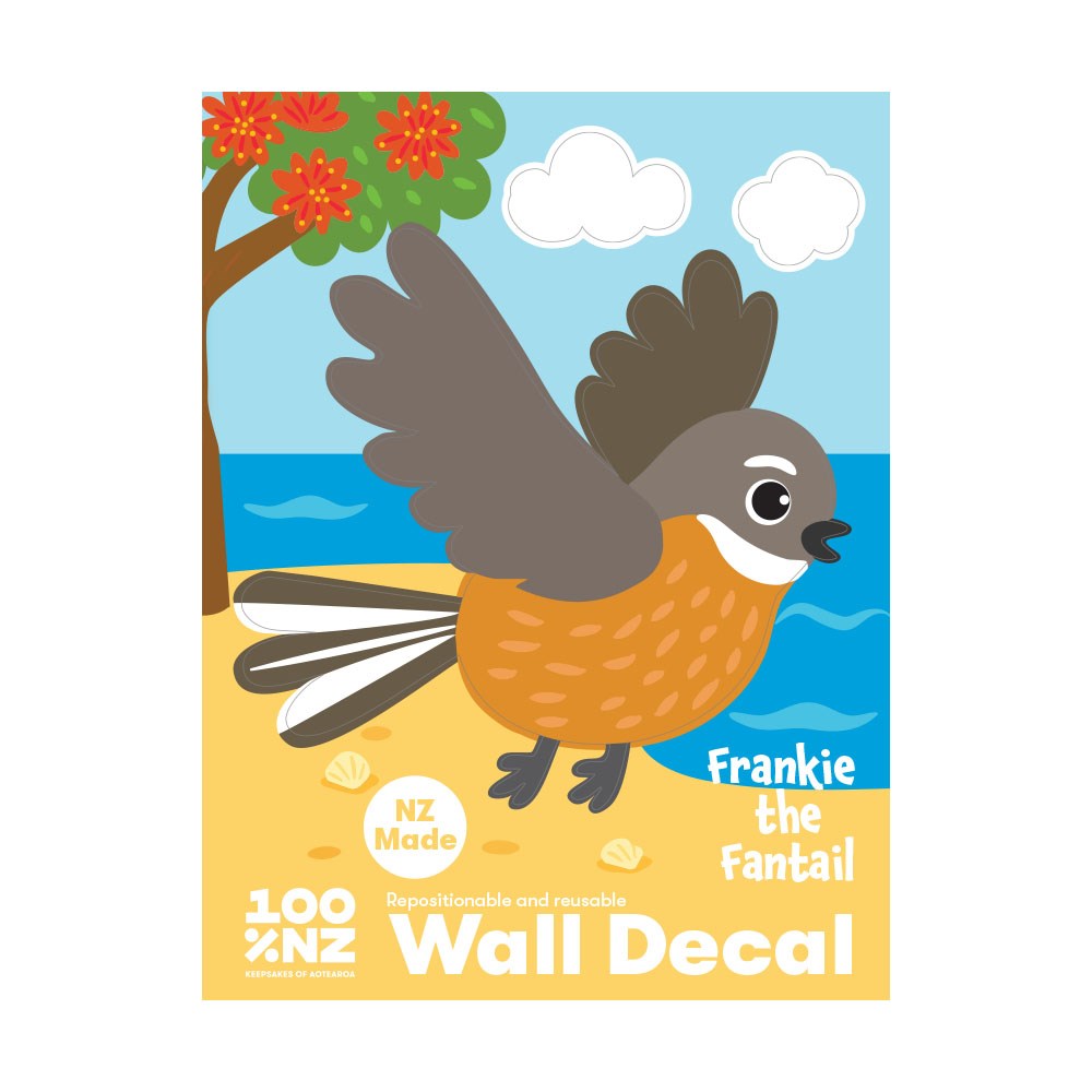 The Fantail Wall Decal is a repositionable, illustrated peel-and-stick wall art featuring a brown, orange, and gray fantail bird in flight by a beach. Matte fabric finish. Text: “Frankie the Fantail” and “Wall Decal.”.