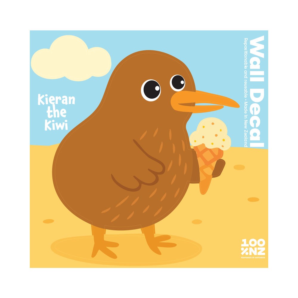 Illustration of Kieran the Kiwi, a brown kiwi bird, standing on sand with an ice cream cone. A cloud floats in the blue sky. Text reads “Kiwi Wall Decal” and “100% NZ”—fun, reusable decals perfect for any space.