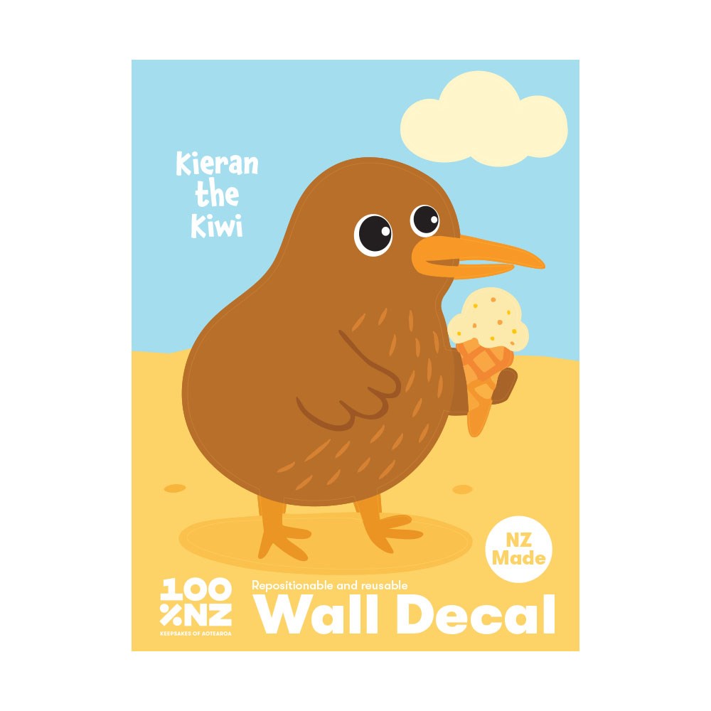 An illustrated brown kiwi with an ice cream cone stands on yellow sand under a blue sky and cloud. Text reads "Kieran the Kiwi, 100% NZ, Wall Decal, NZ Made." Enjoy this peel-and-stick, repositionable Kiwi Wall Decal for any space!.