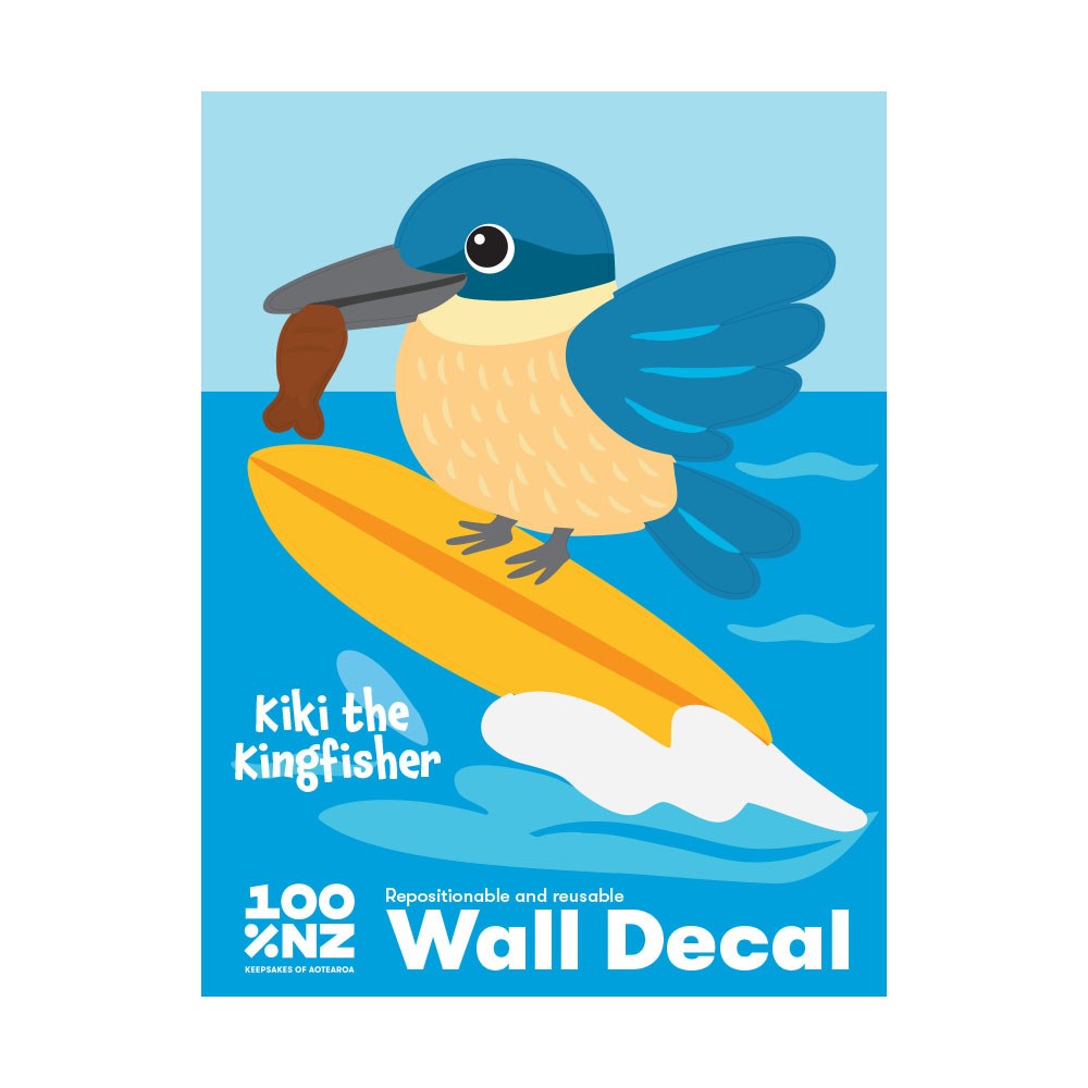 An illustration of a blue and yellow kingfisher holding a fish stands on a yellow surfboard in water. Text reads “Kiki the Kingfisher” and “Kingfisher Wall Decal – 100% NZ Peel and Stick.”.