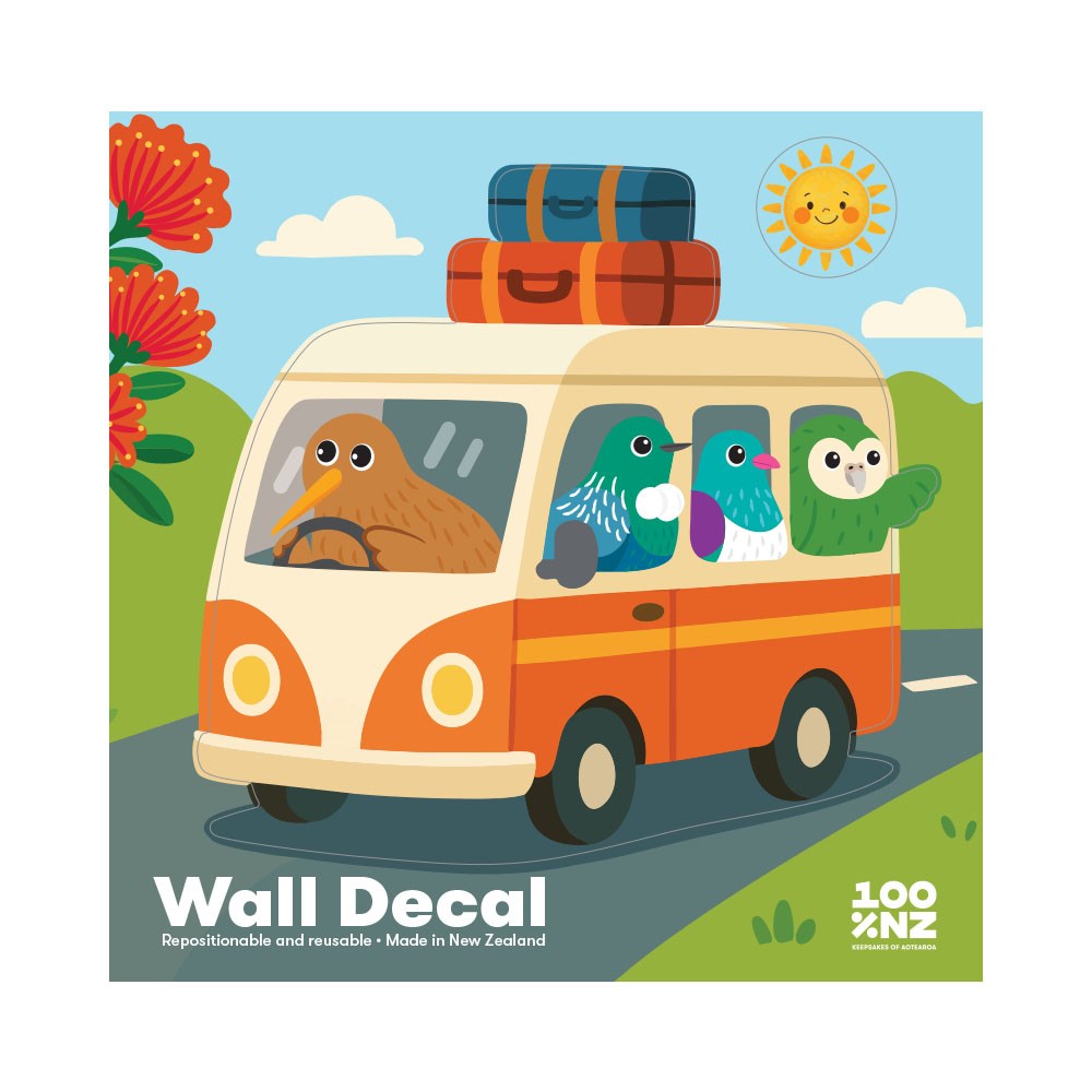 Illustration of a van with four cartoon kiwi birds, luggage on the roof, smiling sun, clouds, green hills, and a tree with red flowers. Text: "Kiwi Road Trip Wall Decal" and "100 NZ." Peel & stick matte fabric finish.