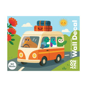 The Kiwi Road Trip Wall Decal features an illustrated van with five colorful birds, luggage on the roof, a red flowering plant, grass, and a smiling sun. Matte fabric finish. Peel and stick. Made in NZ.