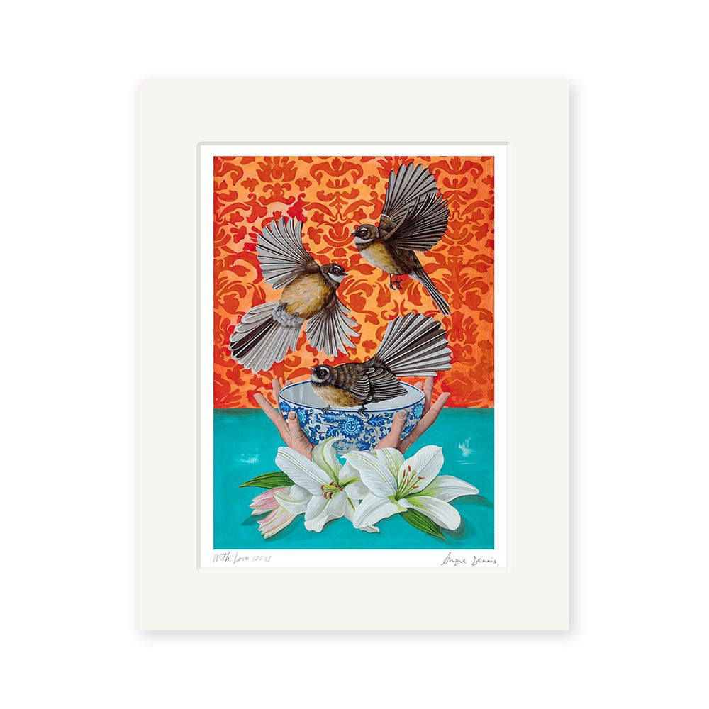 The Angie Dennis - With Love Art Print features two birds above a blue and white teacup held by hands, white lilies in front, and an orange patterned background over a turquoise surface, printed on archival quality matte paper.